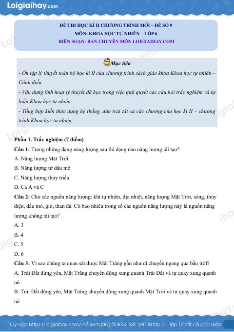Đề thi học kì 2 KHTN 6 Cánh diều - Đề 9
